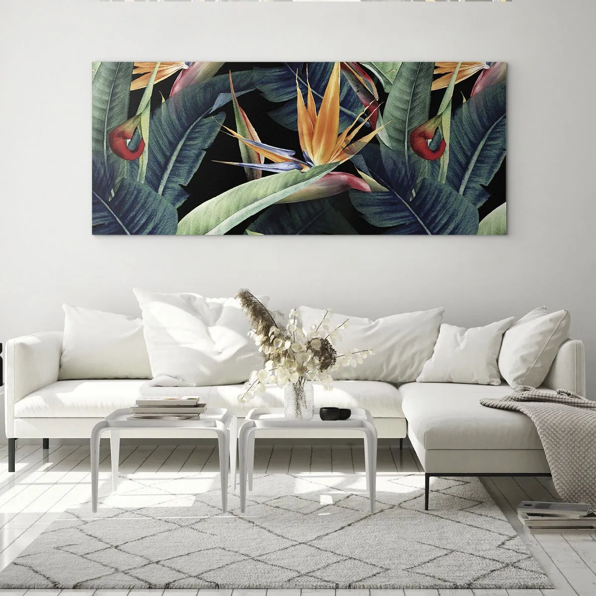 Impression sur verre - Image sur verre - Fleurs et feuilles tropicales sur fond noir - 160x50cm - Fleurs flamboyantes des tropiques - Décoration murale moderne pour le salon et la chambre ARTTOR