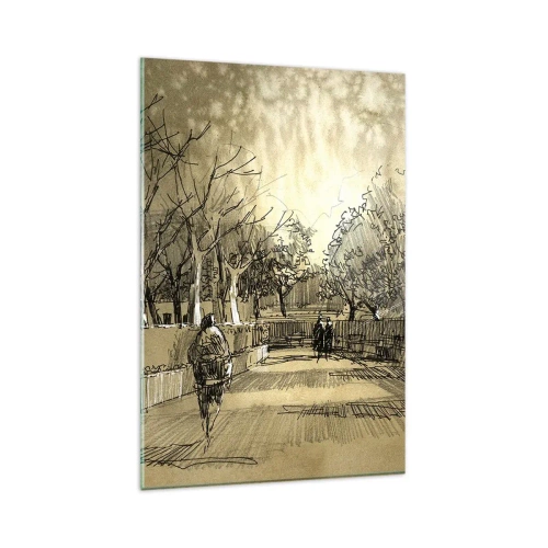Impression sur verre - Image sur verre - Une scène de dessin animé d'un parc avec des gens marchant dans des tons chauds. - 80x120cm - Un moment arrêté avec une plume - Décoration murale moderne pour le salon et la chambre ARTTOR