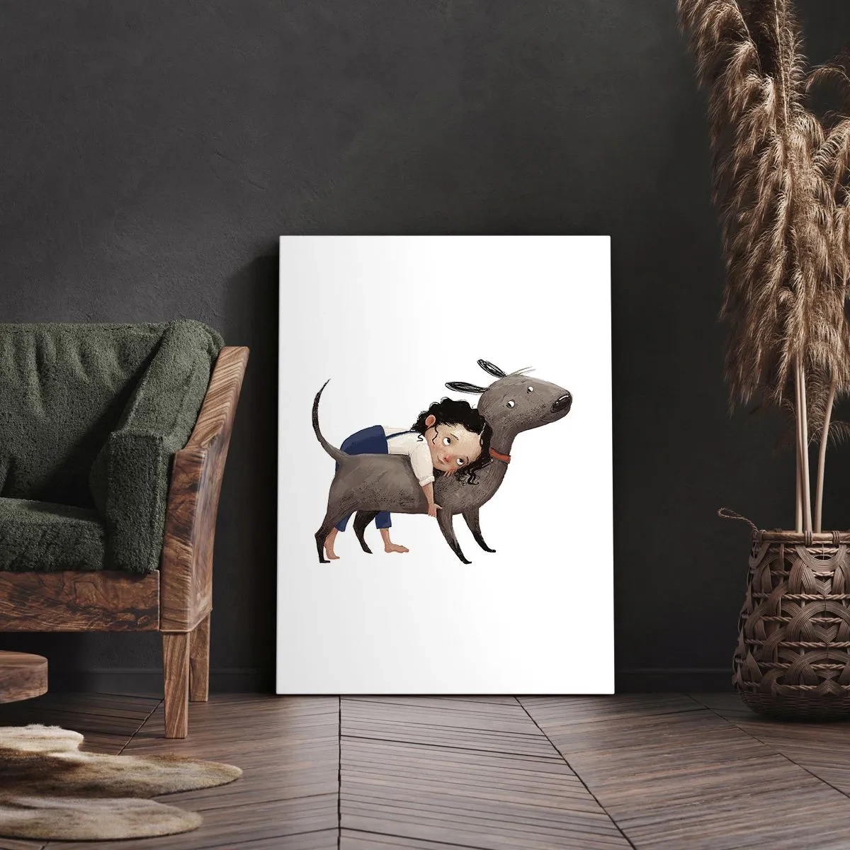 Impression sur toile - Image sur toile - Illustration de style dessin animé d'un enfant serrant un chien dans ses bras - 50x70cm - Les meilleurs amis - Décoration murale moderne pour le salon et la chambre ARTTOR