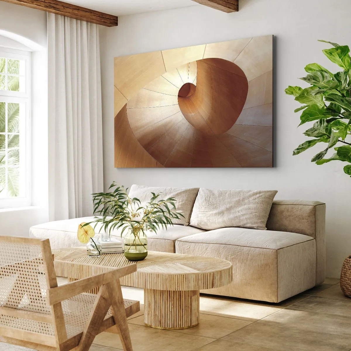 Impression sur toile - Image sur toile - Spirale abstraite dans les tons bois et marron clair - 70x50cm - Serpentin architectural - Décoration murale moderne pour le salon et la chambre ARTTOR