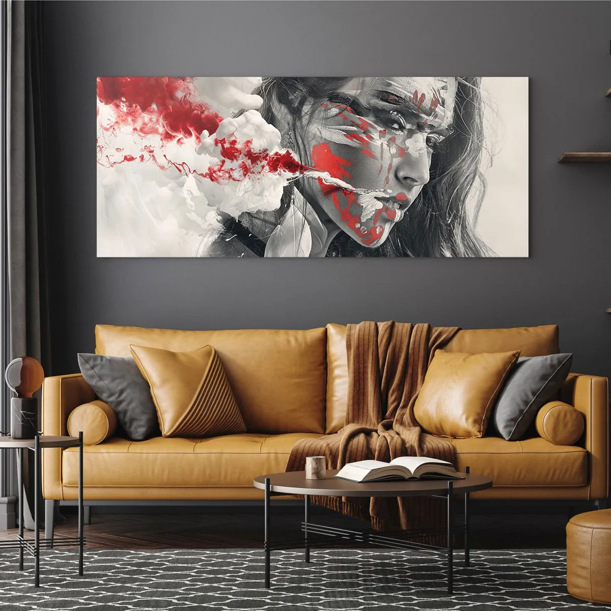 Impression sur verre - Image sur verre - Portrait artistique d'une femme aux accents rouges abstraits - 140x50cm - Dans les fumées de l'absurde - Décoration murale moderne pour le salon et la chambre ARTTOR