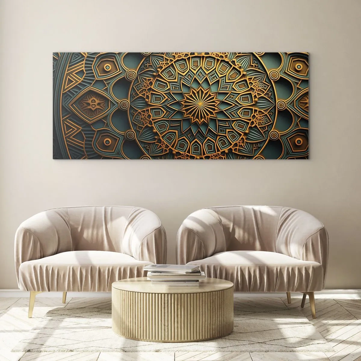 Impression sur verre - Image sur verre - Un mandala doré sur fond turquoise avec des détails riches. - 140x50cm - Dans une ambiance arabe - Décoration murale moderne pour le salon et la chambre ARTTOR