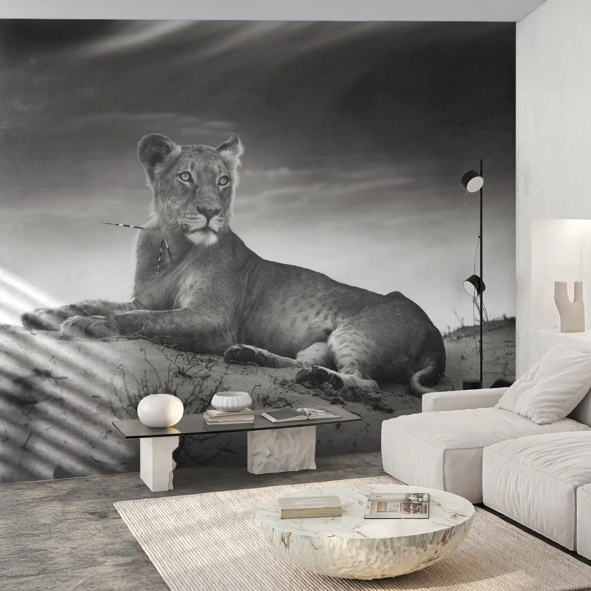 Papier Peint Photo Premium Sand - La reine du désert reste - Animaux, Lion, Désert - 250x175 cm