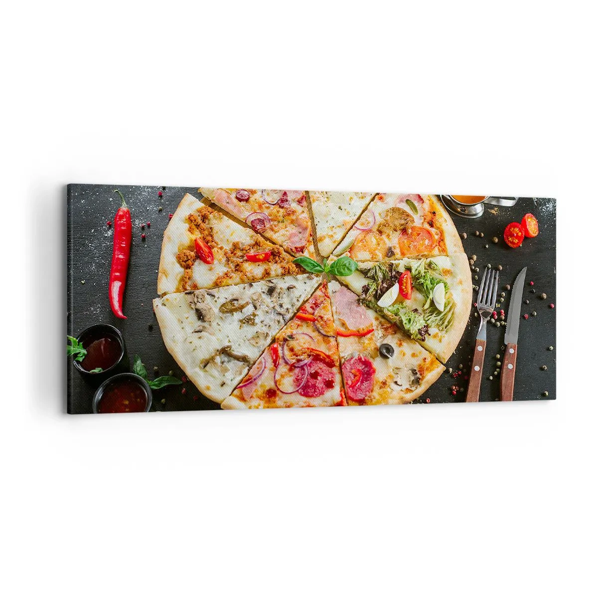 Impression sur toile - Image sur toile - Pizza aux saveurs variées avec un fond de garnitures - 120x50cm - Une gamme de saveurs - Décoration murale moderne pour le salon et la chambre ARTTOR