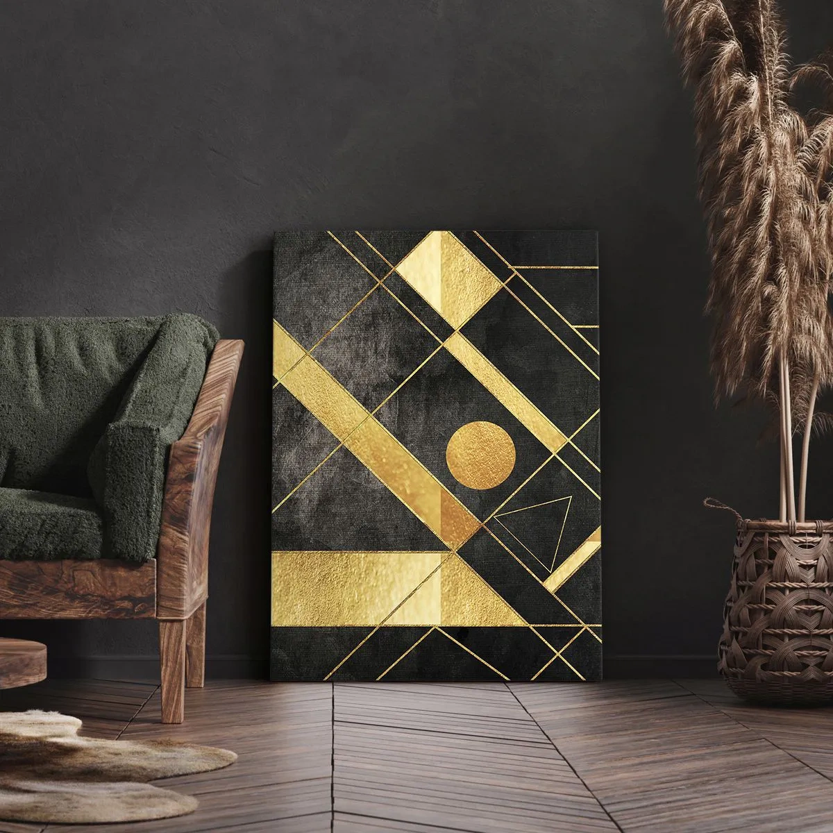 Impression sur toile - Image sur toile - Formes géométriques dans les tons or et noir - 50x70cm - Soleil du désert - Décoration murale moderne pour le salon et la chambre ARTTOR
