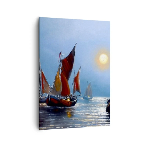 Impression sur toile - Image sur toile - Bateaux à voiles sur une eau calme au coucher du soleil - 50x70cm - Pêche de nuit - Décoration murale moderne pour le salon et la chambre ARTTOR