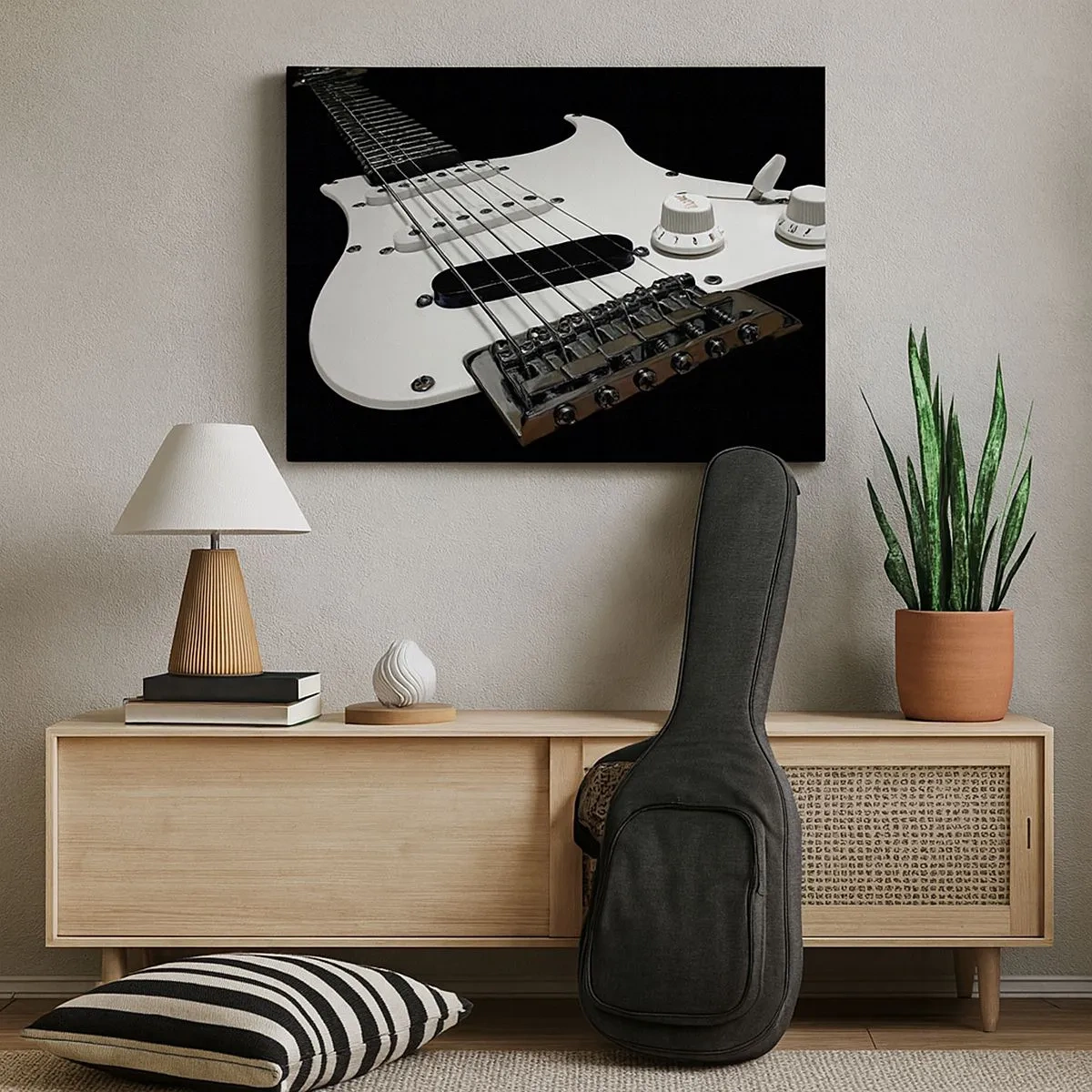 Impression sur toile - Image sur toile - Gros plan d'une guitare électrique blanche sur fond noir. - 70x50cm - Son caché en blanc - Décoration murale moderne pour le salon et la chambre ARTTOR