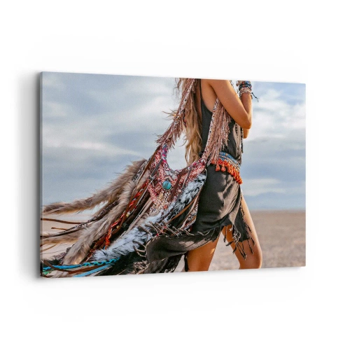 Impression sur toile - Image sur toile - Une femme dans un style bohème avec des détails de plumes et de bijoux - 120x80cm - La fille du chaman - Décoration murale moderne pour le salon et la chambre ARTTOR