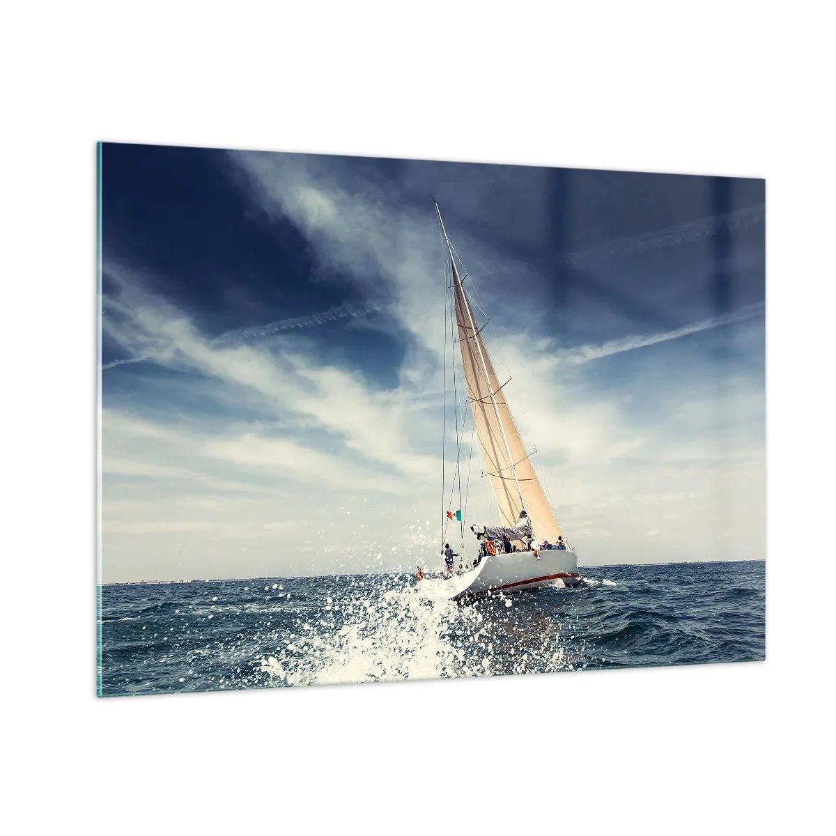 Impression sur verre - Image sur verre - Un yacht naviguant sur une mer agitée sous un ciel bleu - 100x70cm - Ils ne nous rattraperont pas ! - Décoration murale moderne pour le salon et la chambre ARTTOR