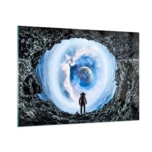 Impression sur verre - Image sur verre - Un astronaute regardant la Terre depuis l'intérieur d'une grotte rocheuse. - 100x70cm - Plus très loin de la maison - Décoration murale moderne pour le salon et la chambre ARTTOR