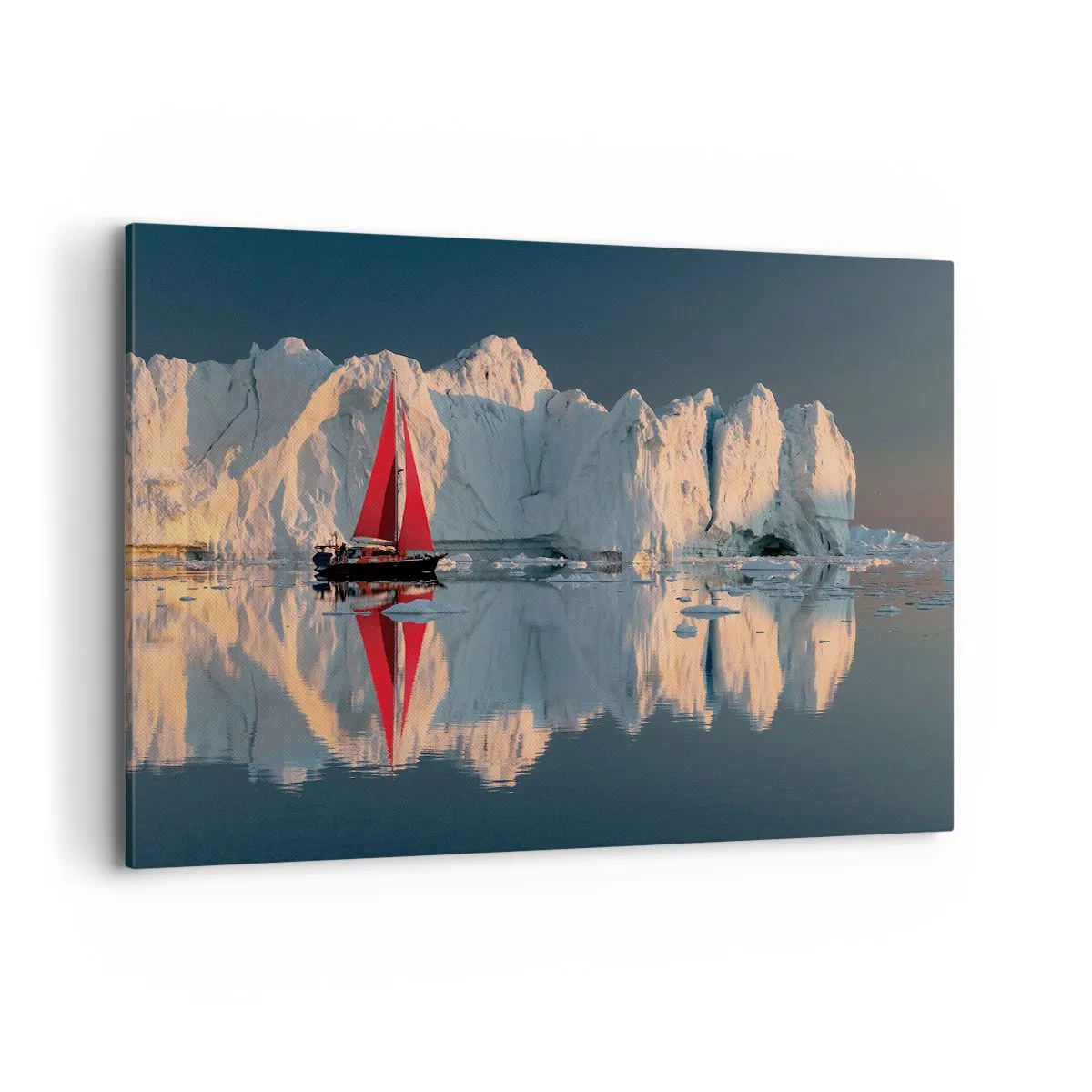 Impression sur toile - Image sur toile - Un voilier avec une voile rouge sur fond de glacier - 100x70cm - Aux limites du monde - Décoration murale moderne pour le salon et la chambre ARTTOR
