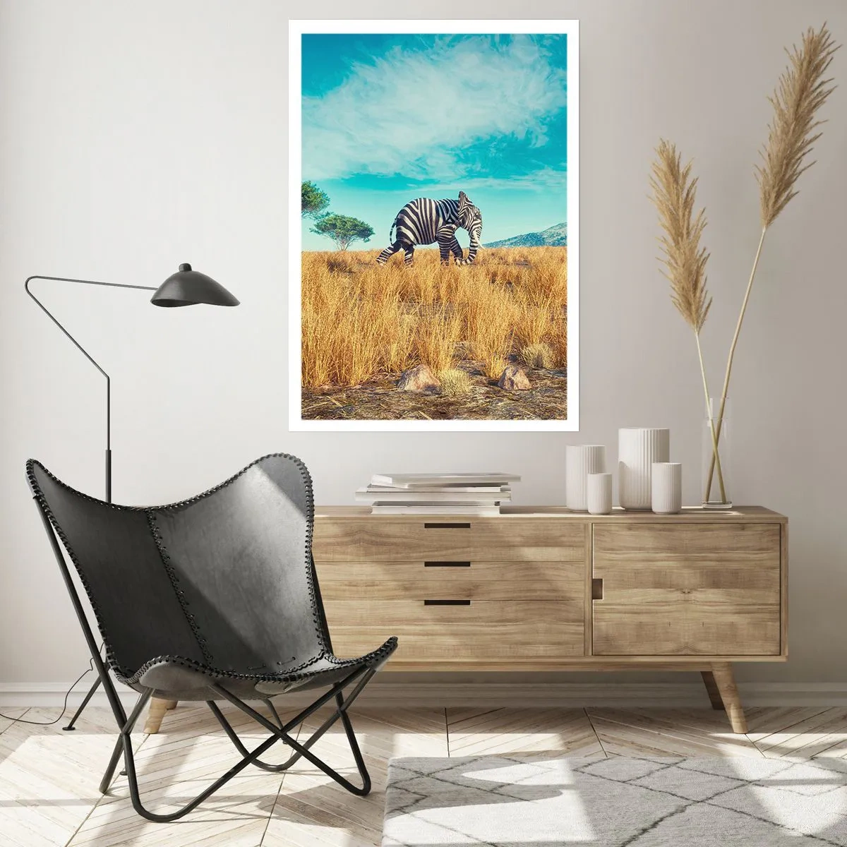 Affiche - Poster - Un zèbre avec un corps d'éléphant sur fond de savane africaine - 50x70cm - Le gris n'est déjà plus à la mode - Décoration murale moderne pour le salon et la chambre ARTTOR