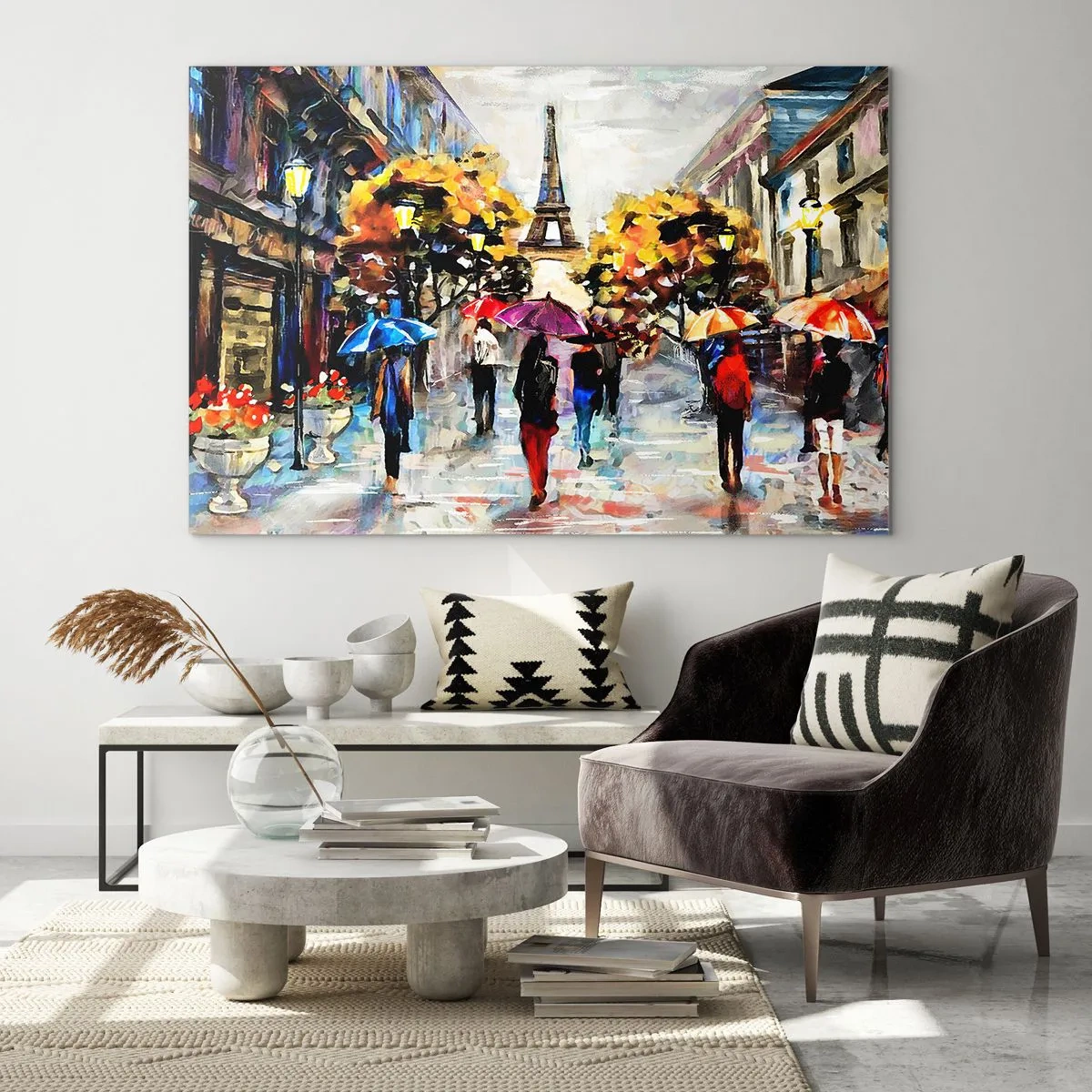 Impression sur verre - Image sur verre - La Tour Eiffel en arrière-plan des gens marchant sous des parapluies colorés - 70x50cm - Particulièrement beau en automne - Décoration murale moderne pour le salon et la chambre ARTTOR
