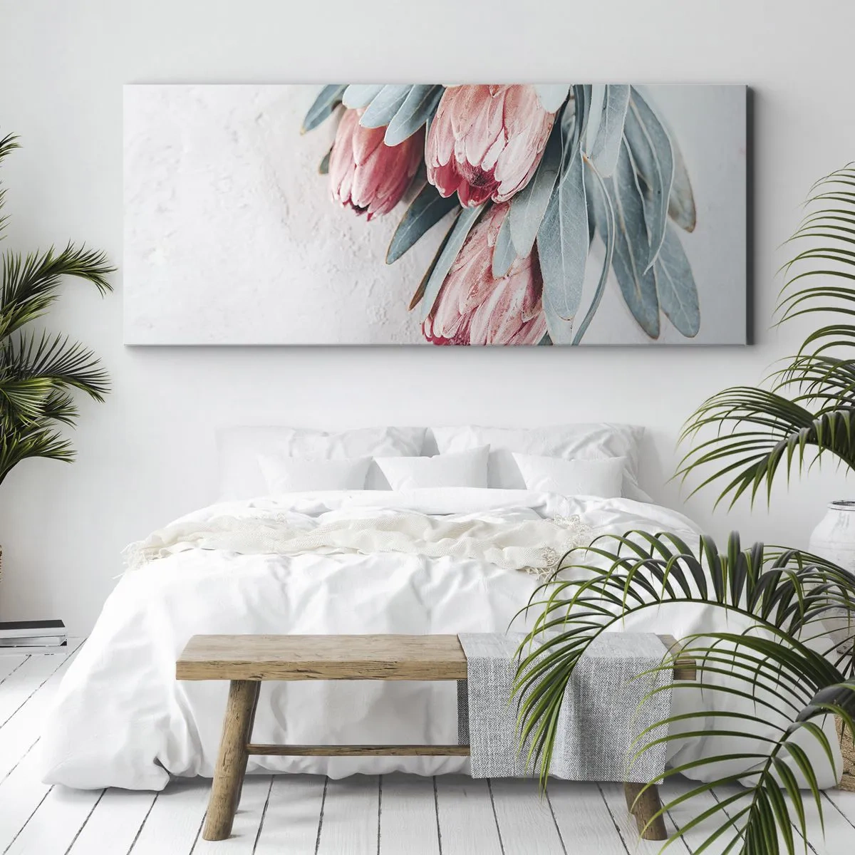 Impression sur toile - Image sur toile - Fleurs de protéa roses subtiles sur fond clair - 120x50cm - Honte de leur propre beauté - Décoration murale moderne pour le salon et la chambre ARTTOR
