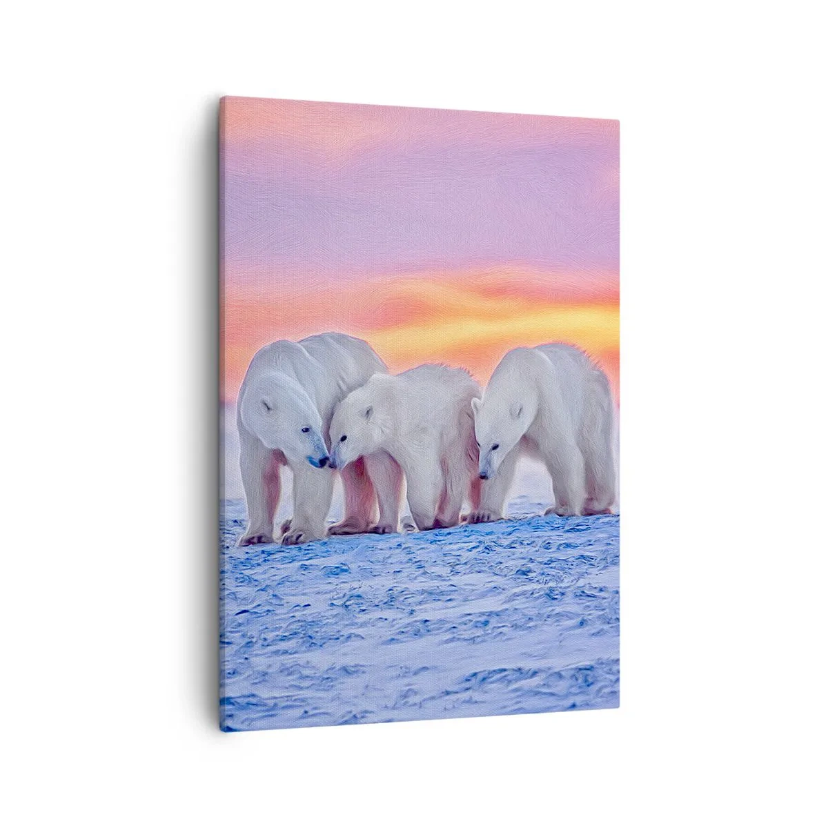 Impression sur toile - Image sur toile - Trois ours polaires sur fond de coucher de soleil arctique - 50x70cm - La chaleur familiale suffit - Décoration murale moderne pour le salon et la chambre ARTTOR