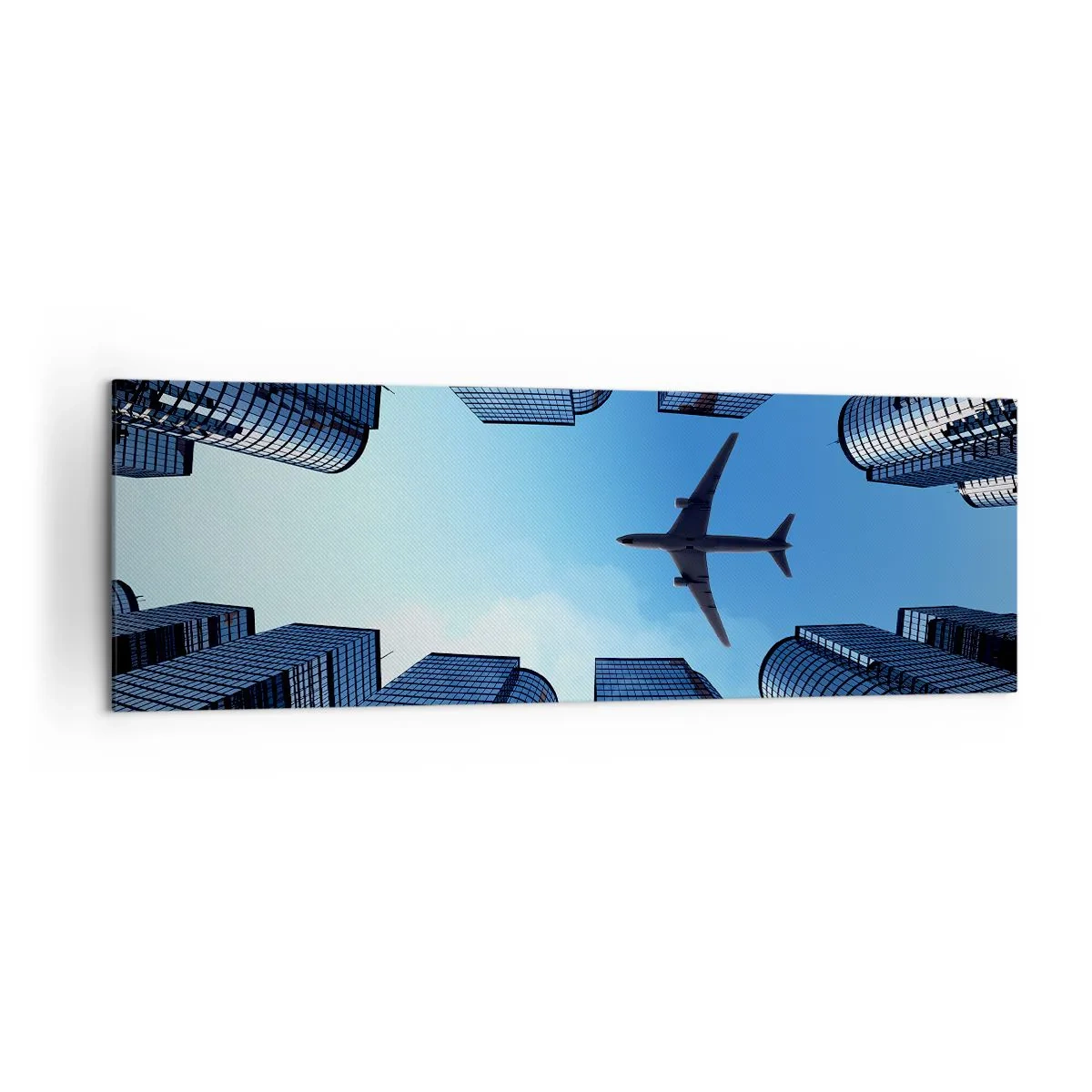 Impression sur toile - Image sur toile - Un avion survolant des gratte-ciels modernes dans le centre-ville. - 160x50cm - La vue depuis le ravin de verre - Décoration murale moderne pour le salon et la chambre ARTTOR