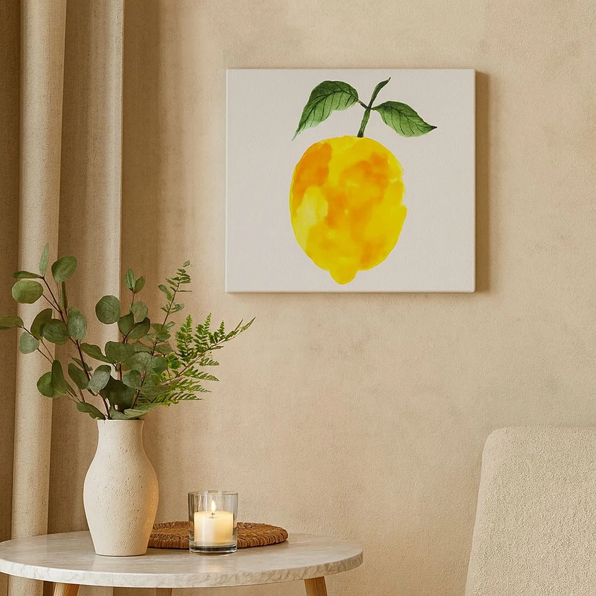 Impression sur toile - Image sur toile - Citron aquarelle avec des feuilles vertes sur fond clair - 70x50cm - Comment reconnaitre le goût du soleil - Décoration murale moderne pour le salon et la chambre ARTTOR
