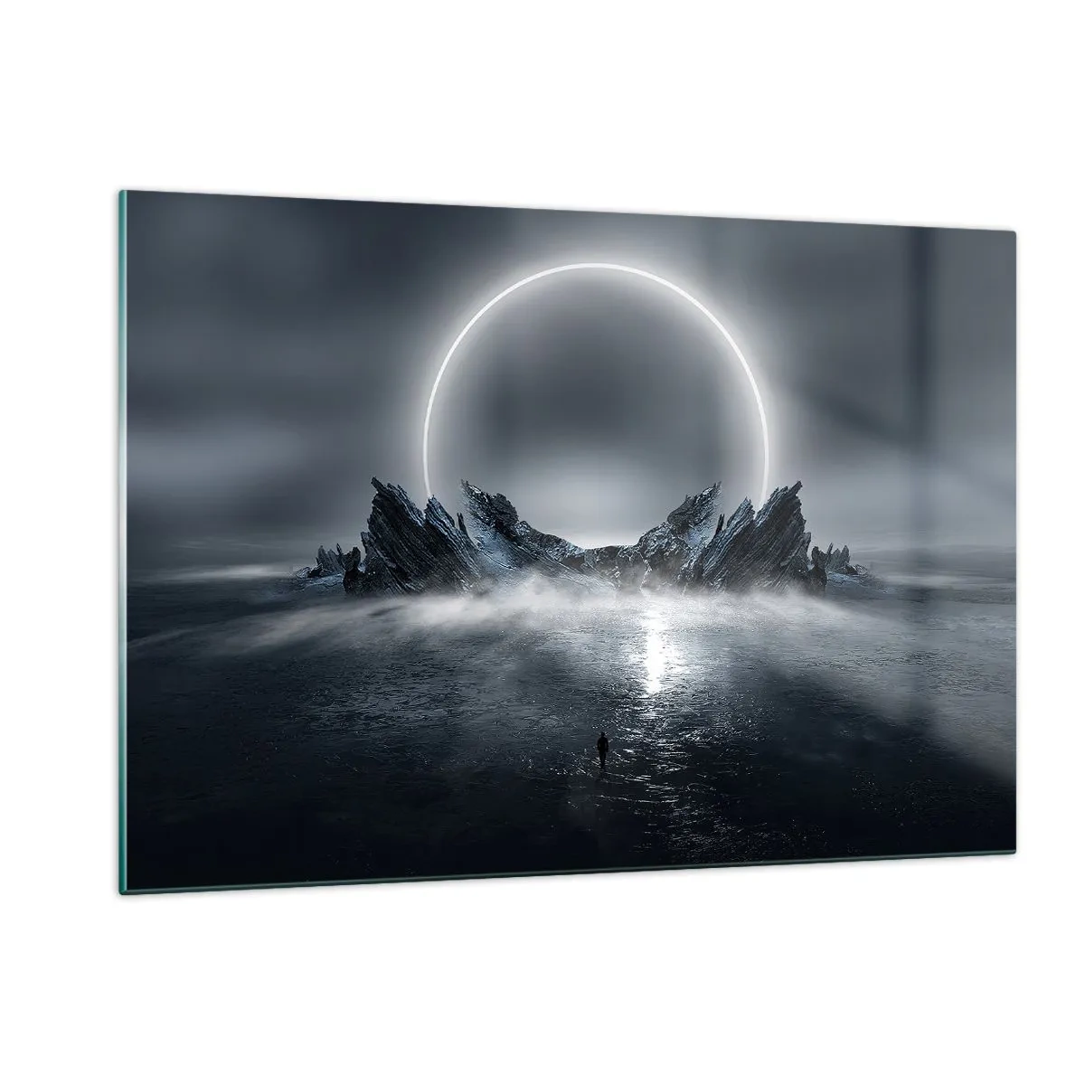 Impression sur verre - Image sur verre - Scène sombre avec éclipse et île rocheuse - 120x80cm - La fin de l'histoire - Décoration murale moderne pour le salon et la chambre ARTTOR