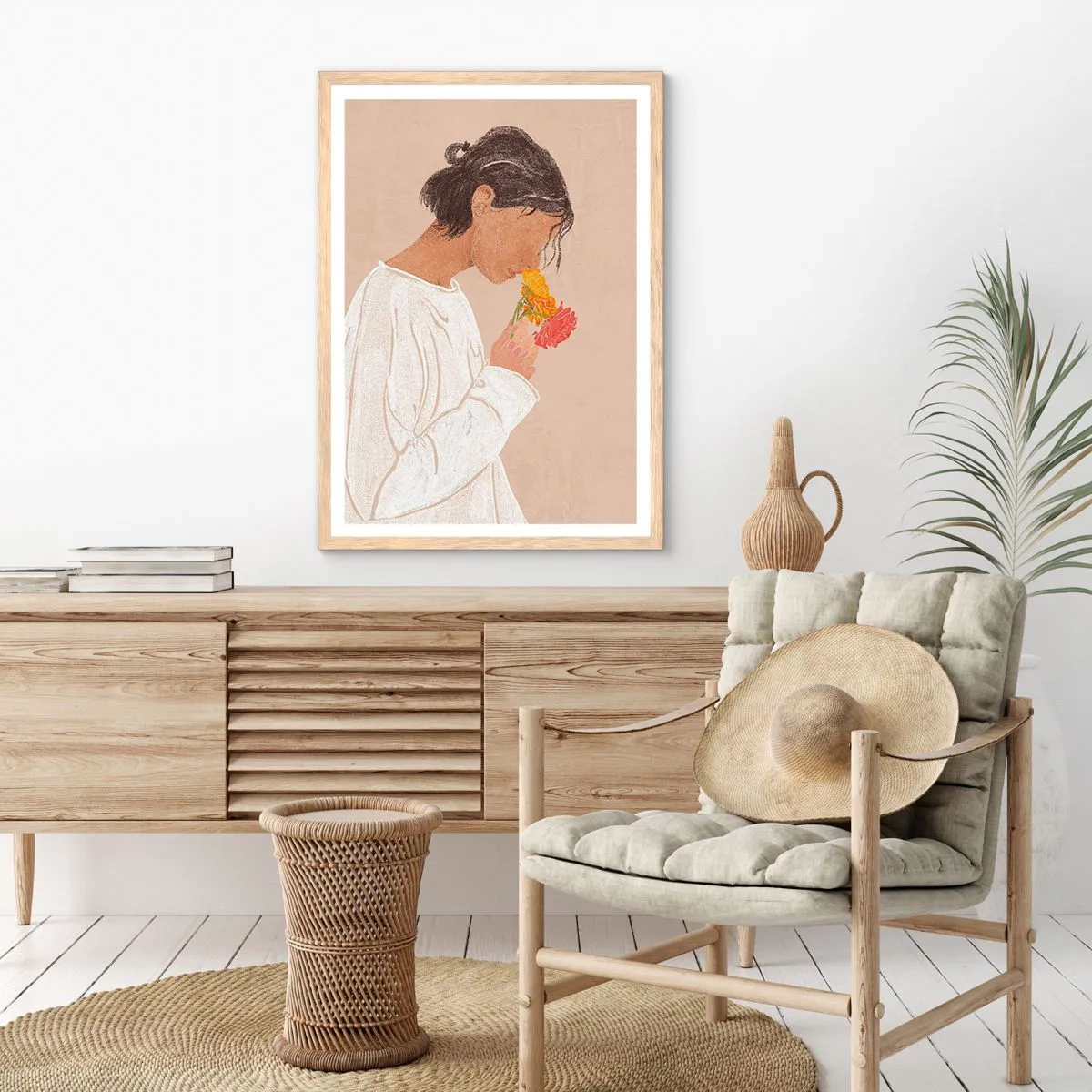 Affiche dans un chêne clair - Poster - Fille et fleurs - 70x100 cm