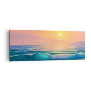 Impression sur toile - Image sur toile - Paysage marin avec coucher de soleil - 140x50cm - Le chant turquoise des vagues - Décoration murale moderne pour le salon et la chambre ARTTOR