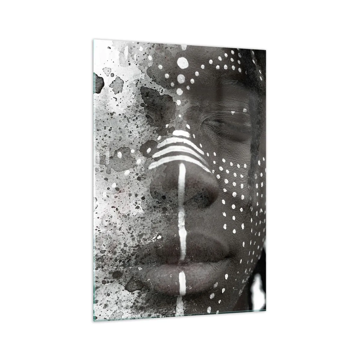 Impression sur verre - Image sur verre - Portrait de visage artistique avec des motifs blancs abstraits - 70x100cm - Découvrez l'esprit primal - Décoration murale moderne pour le salon et la chambre ARTTOR