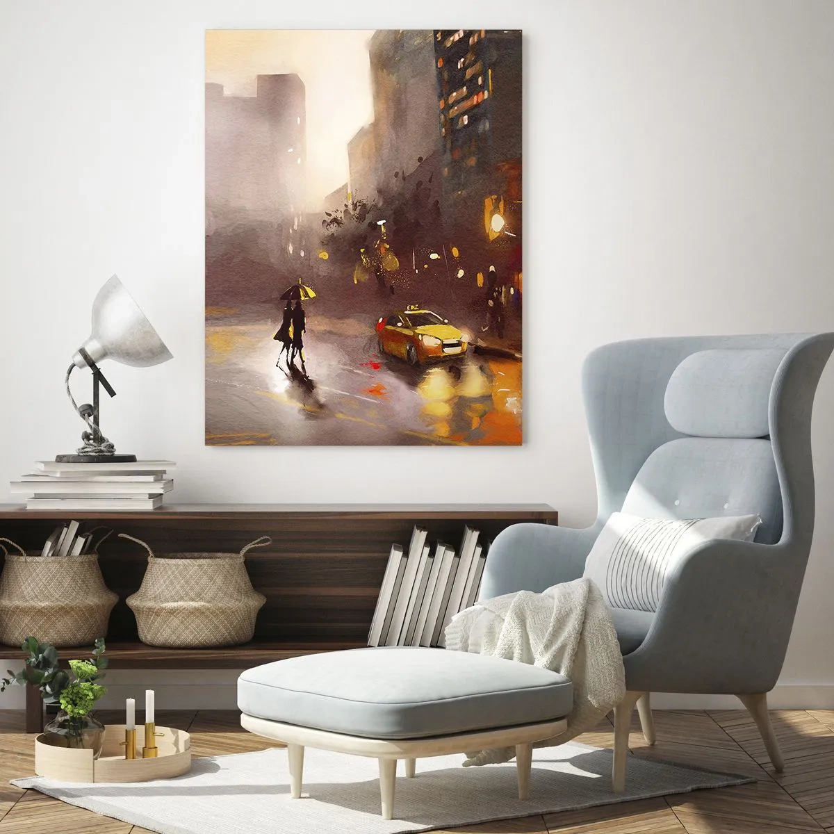 Impression sur verre - Image sur verre - Une scène urbaine la nuit à la lumière des lampadaires et des reflets sur une rue mouillée. - 80x120cm - Dans les lumières de New-York - Décoration murale moderne pour le salon et la chambre ARTTOR