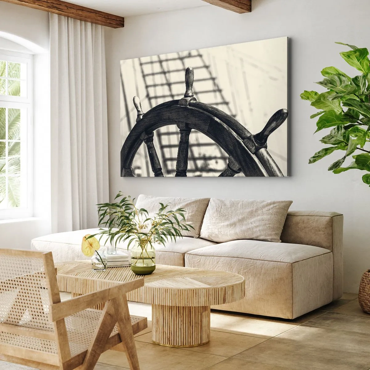 Impression sur toile - Image sur toile - Un gouvernail de style rétro avec un navire en arrière-plan - 70x50cm - Histoires de mer - Décoration murale moderne pour le salon et la chambre ARTTOR