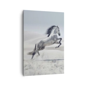 Impression sur toile - Image sur toile - Un cheval blanc galopant sur fond de dunes du désert - 70x100cm - Prince arabe - Décoration murale moderne pour le salon et la chambre ARTTOR