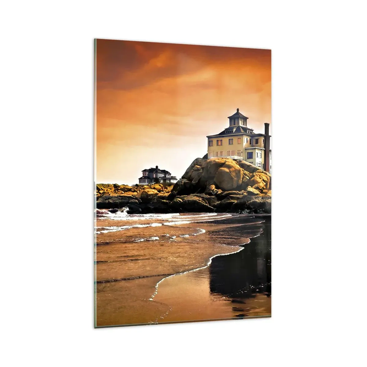 Impression sur verre - Image sur verre - Une maison sur un rocher près de la plage au coucher du soleil avec son reflet dans l'eau - 80x120cm - L'élégance de la côte ouest - Décoration murale moderne pour le salon et la chambre ARTTOR