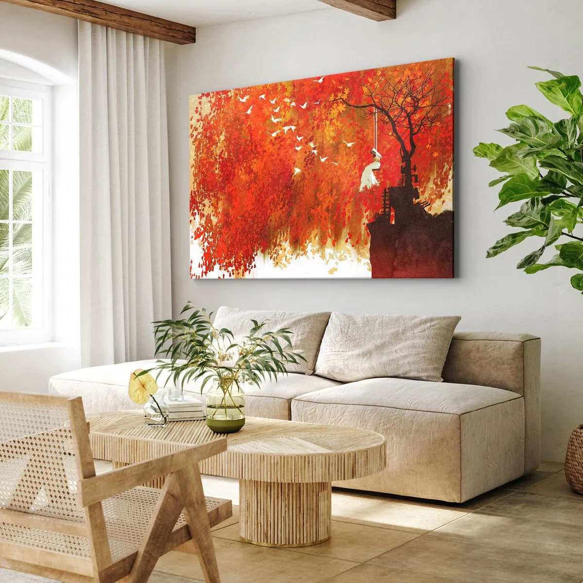 Impression sur toile - Image sur toile - Une silhouette sur une balançoire près d'un arbre entouré de feuilles rouges - 100x70cm - S'envolera-t-il avec eux ? - Décoration murale moderne pour le salon et la chambre ARTTOR
