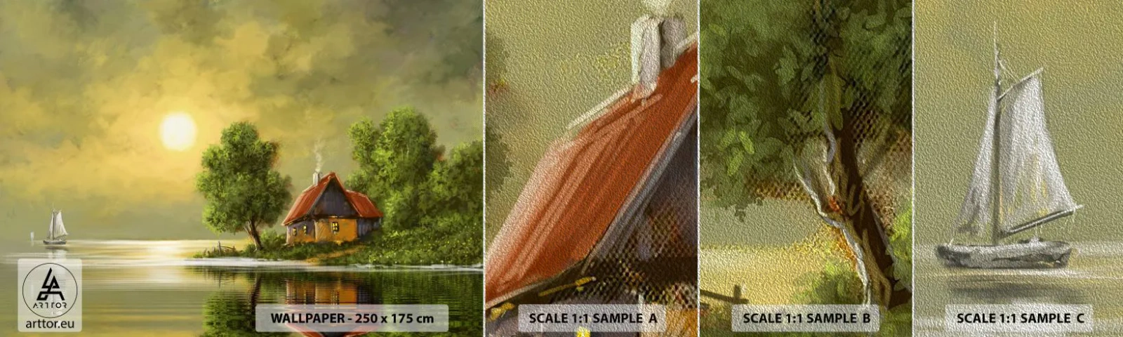 Échantillon de Papier Peint Premium Sand - Beau, comme une image - Paysage, Maison de campagne, Voilier - 100x30 cm