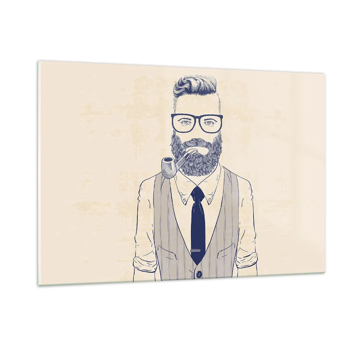 Impression sur verre - Image sur verre - Un homme stylisé avec une barbe, des lunettes et une pipe sur un fond clair. - 120x80cm - Gai, masculin et à la mode - Décoration murale moderne pour le salon et la chambre ARTTOR