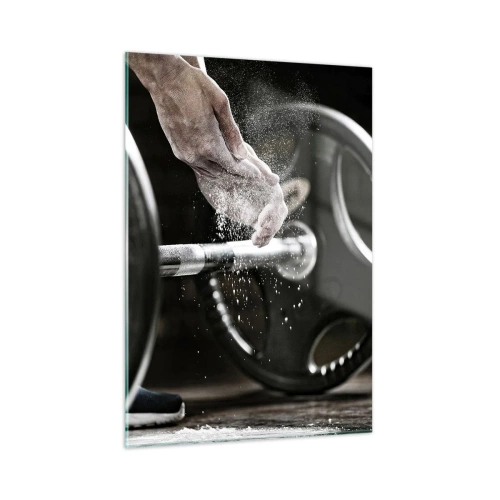 Impression sur verre - Image sur verre - Haltérophilie avec de la craie sur les mains et une barre - 50x70cm - Défi accepté! - Décoration murale moderne pour le salon et la chambre ARTTOR