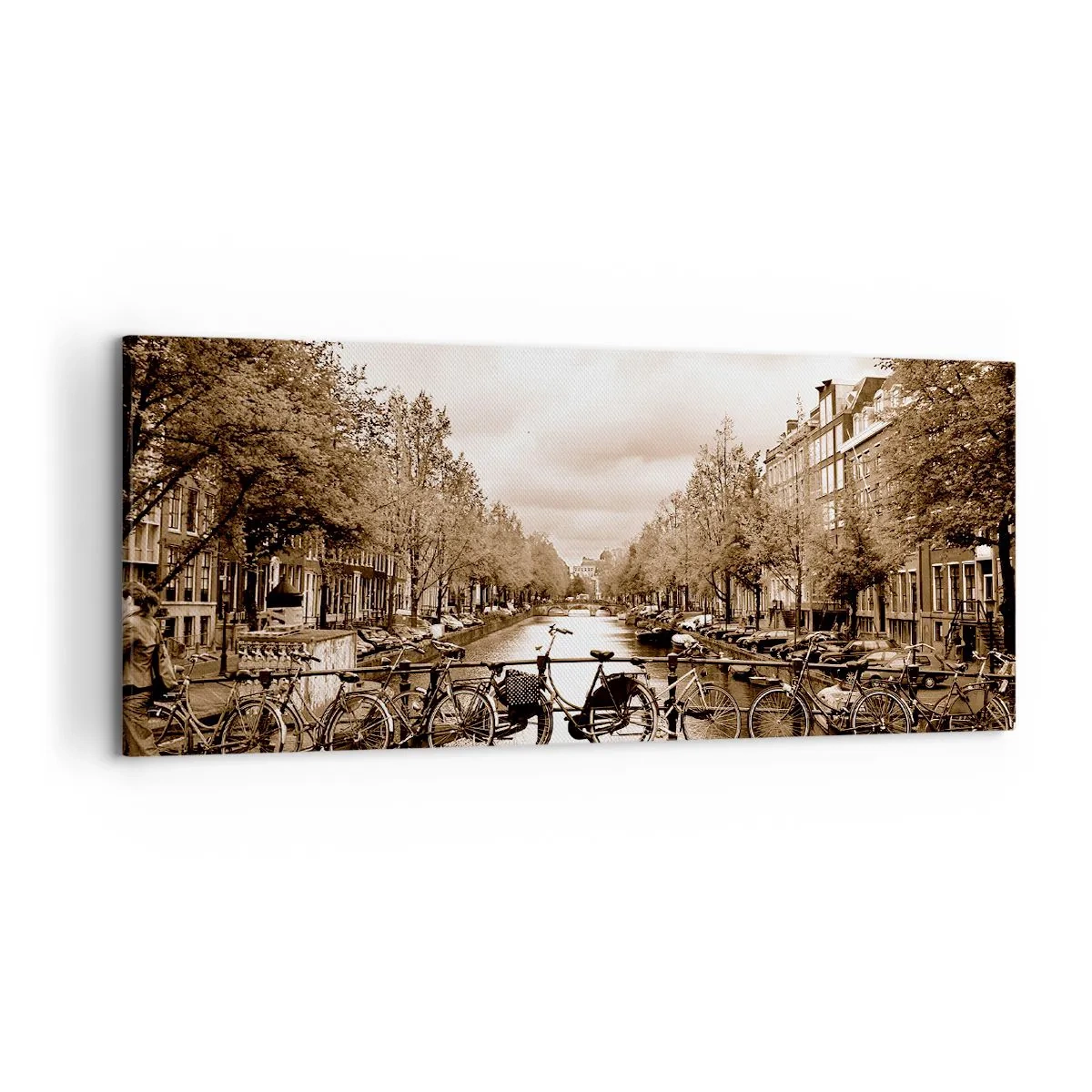 Impression sur toile - Image sur toile - Pont cyclable sur le canal en sépia - 120x50cm - Ambiance hollandaise - Décoration murale moderne pour le salon et la chambre ARTTOR
