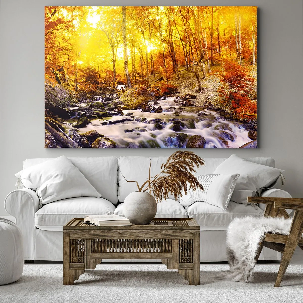 Impression sur toile - Image sur toile - Forêt d'automne avec un ruisseau parmi les feuilles dorées - 70x50cm - Pierres serties d'or et de platine - Décoration murale moderne pour le salon et la chambre ARTTOR
