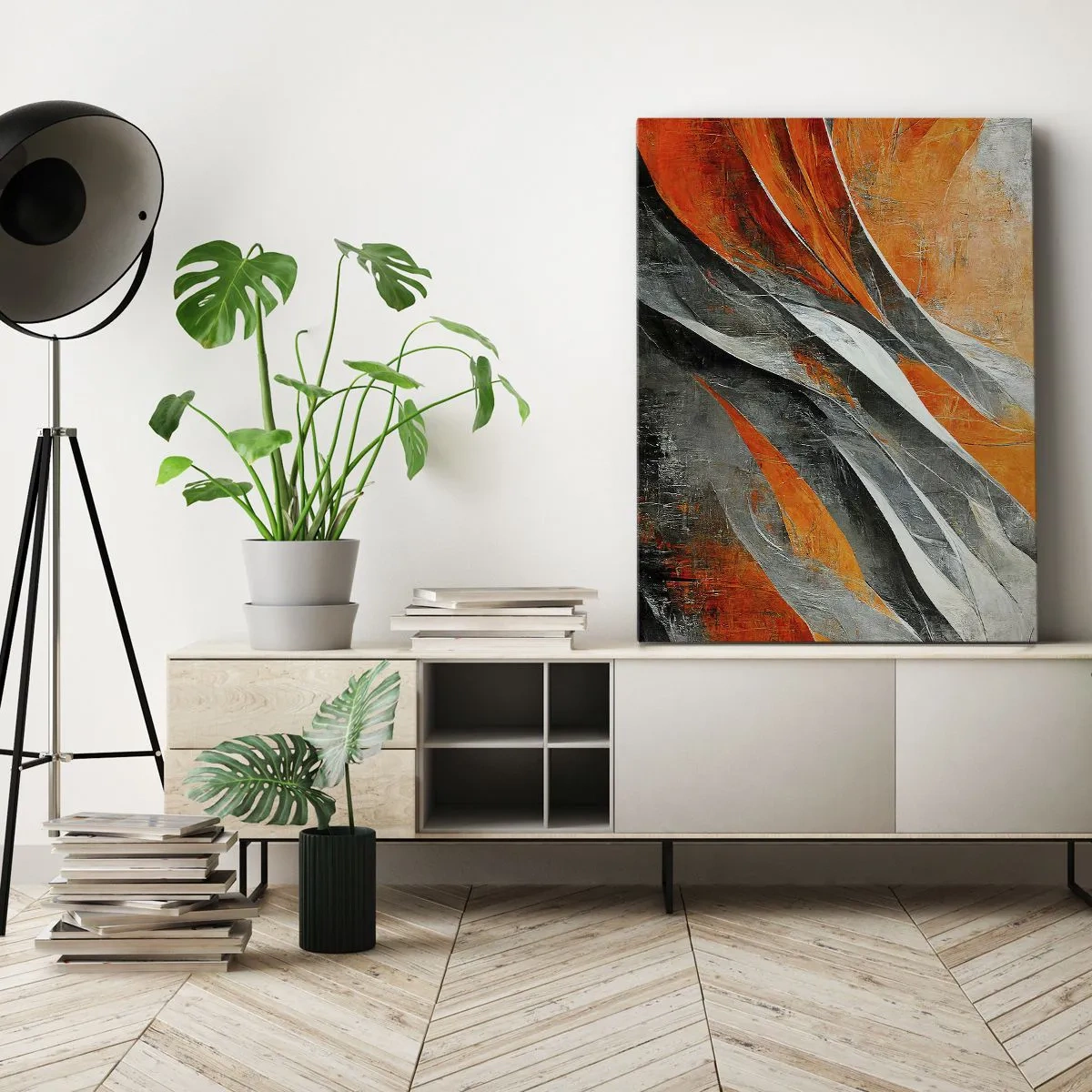 Impression sur toile - Image sur toile - Lignes abstraites dans les tons orange et gris - 80x120cm - Chaleur et froid - Décoration murale moderne pour le salon et la chambre ARTTOR
