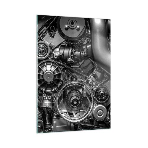 Impression sur verre - Image sur verre - Détail d'un moteur noir et blanc avec mécanismes visibles - 50x70cm - Poésie mécanique - Décoration murale moderne pour le salon et la chambre ARTTOR