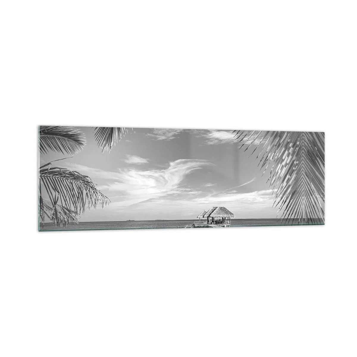 Impression sur verre - Image sur verre - Plage noire et blanche avec jetée et palmiers sur une côte tropicale - 160x50cm - Souvenirs ou rêve? - Décoration murale moderne pour le salon et la chambre ARTTOR