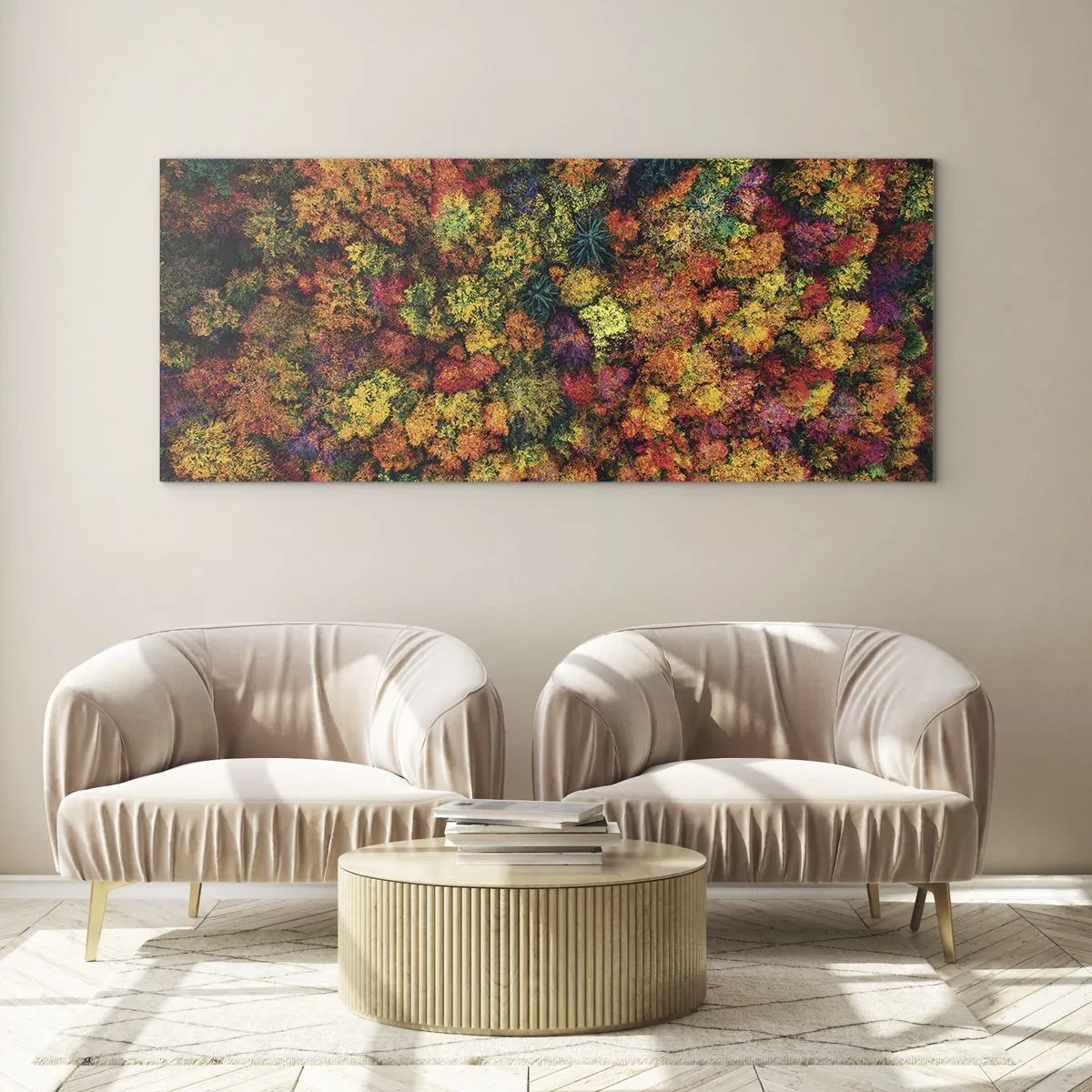 Impression sur verre - Image sur verre - Couronnes d'arbres colorées dans la palette d'automne - 120x50cm - Bouquet d'arbres automnal - Décoration murale moderne pour le salon et la chambre ARTTOR