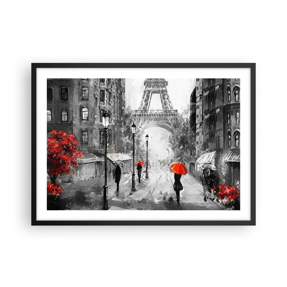 Affiche dans un cadre noir - Poster - Une rue avec vue sur la Tour Eiffel et des parapluies rouges - 70x50cm - Tous les chemins mènent à elle - Décoration murale moderne pour le salon et la chambre ARTTOR