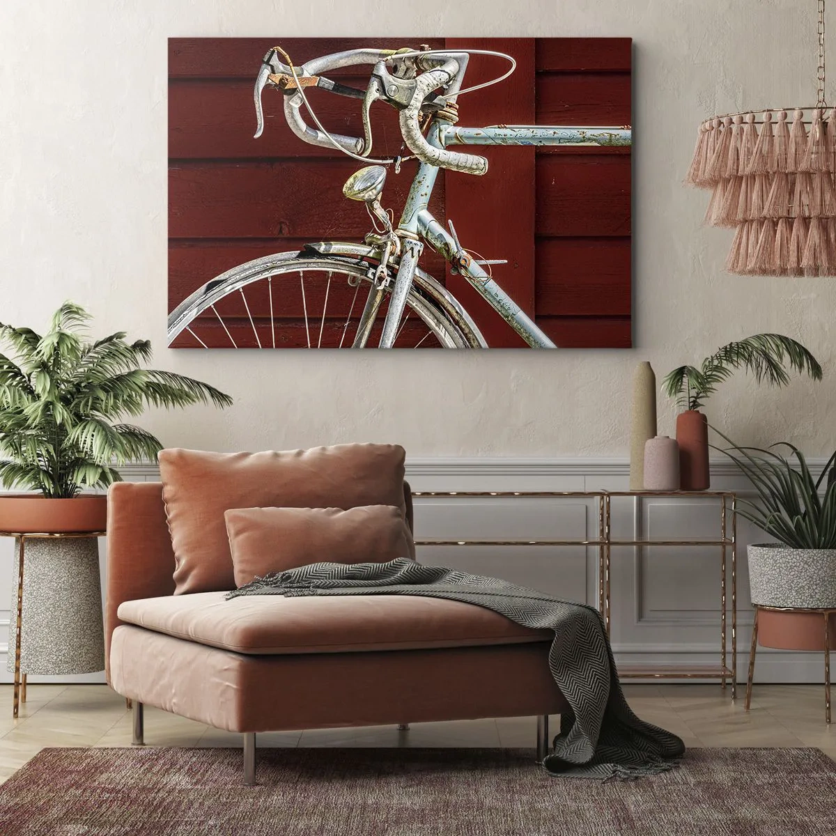 Impression sur toile - Image sur toile - Un vélo vintage contre un mur en bois rouge - 120x80cm - Construit pour la victoire - Décoration murale moderne pour le salon et la chambre ARTTOR