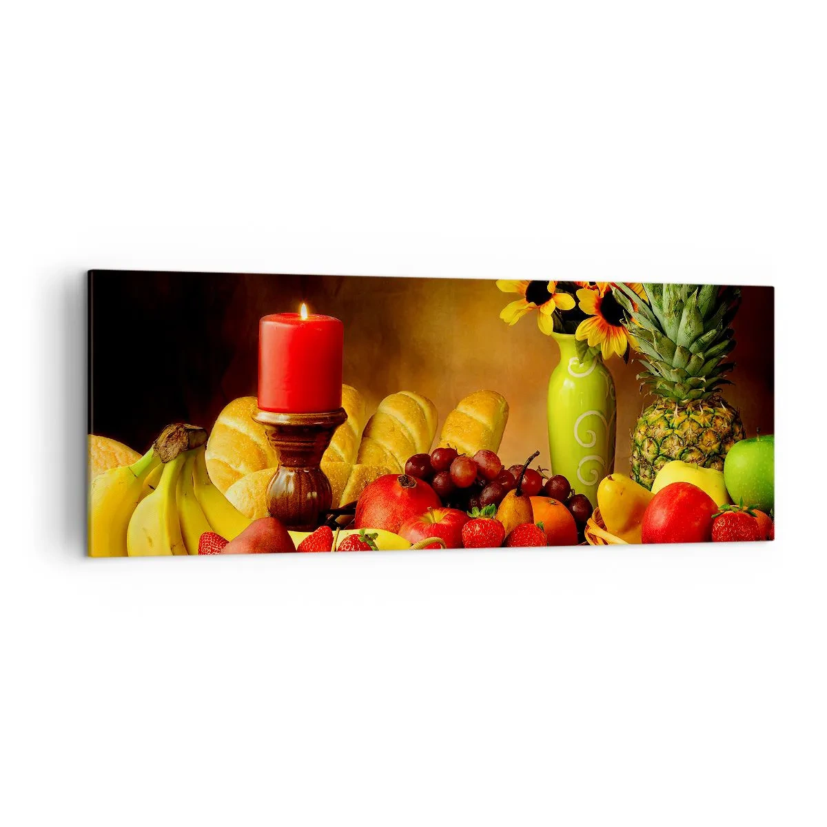 Impression sur toile - Image sur toile - Nature morte avec fruits, pain, bougie et fleurs - 140x50cm - Nature morte de pain et de fruits - Décoration murale moderne pour le salon et la chambre ARTTOR
