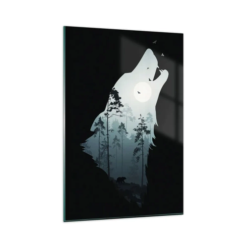 Impression sur verre - Image sur verre - Silhouette d'un loup avec une forêt et la lune en arrière-plan - 80x120cm - La voix de nuit de la forêt - Décoration murale moderne pour le salon et la chambre ARTTOR