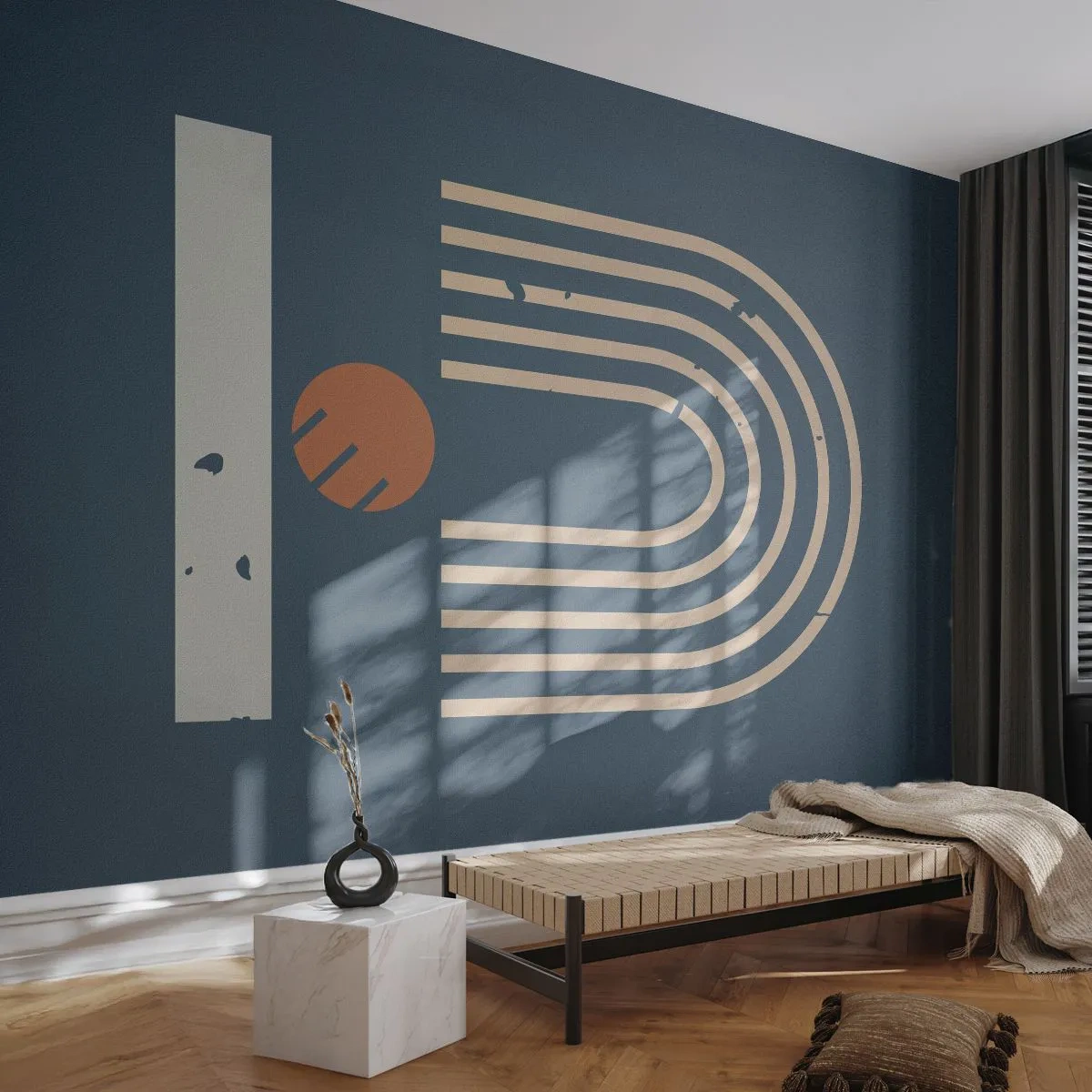 Papier Peint Photo Premium Canvas - Motif géométrique dans les tons bleu marine, beige et orange sur fond sombre - 100x70cm - Géométrie sur la grenade - Décoration murale moderne pour le salon et la chambre ARTTOR