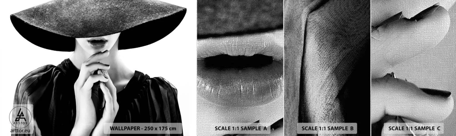 Échantillon de Papier Peint Premium Canvas - Beauté cachée - Femme au chapeau, Mains de femmes, Mode - 100x30 cm