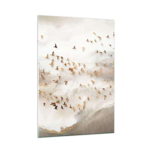 Impression sur verre - Image sur verre - Une volée d'oiseaux survolant un paysage brumeux - 50x70cm - Il est l'heure… - Décoration murale moderne pour le salon et la chambre ARTTOR