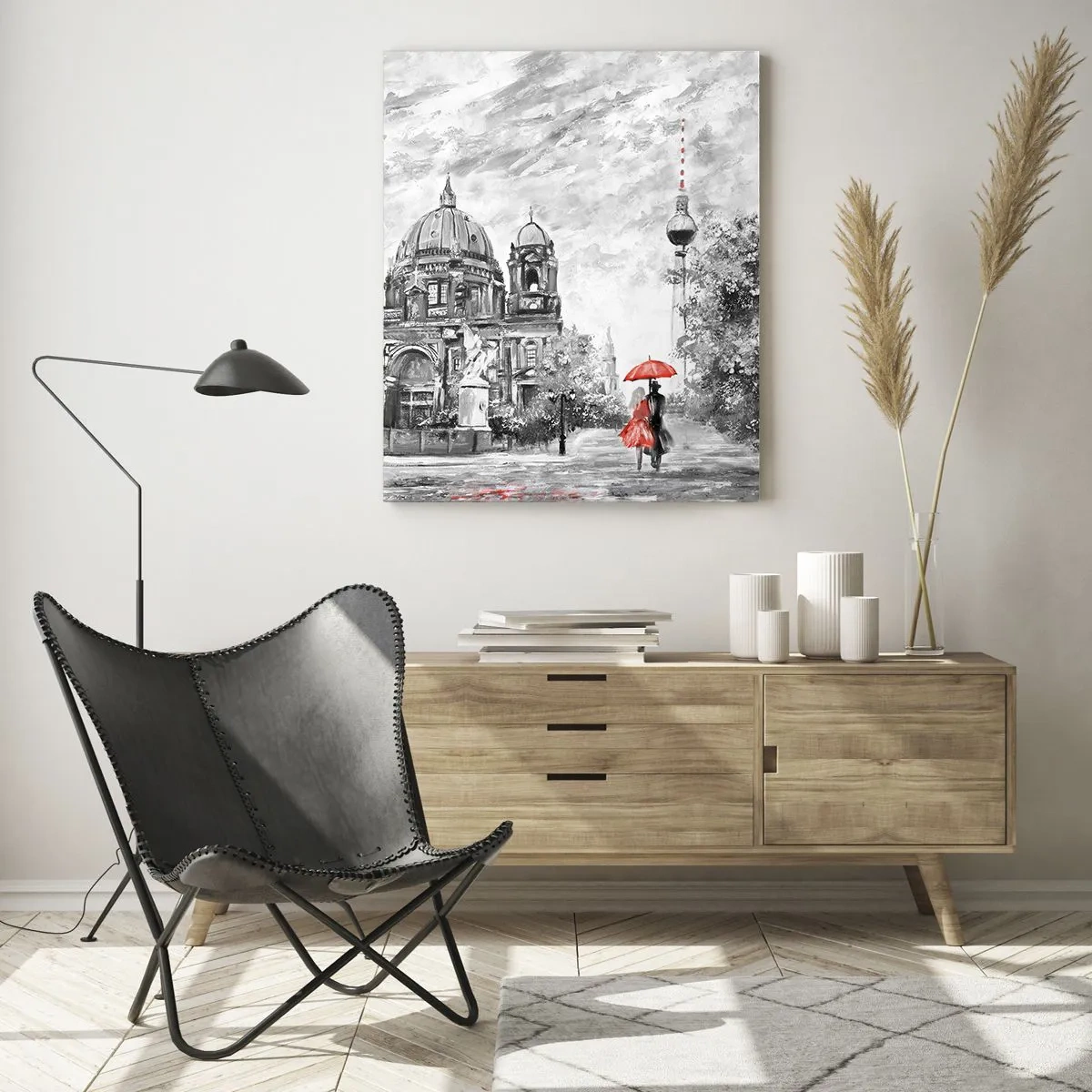Impression sur verre - Image sur verre - Scène en noir et blanc avec Berlin, un parapluie rouge et un arbre - 70x100cm - Rencontre berlinoise - Décoration murale moderne pour le salon et la chambre ARTTOR