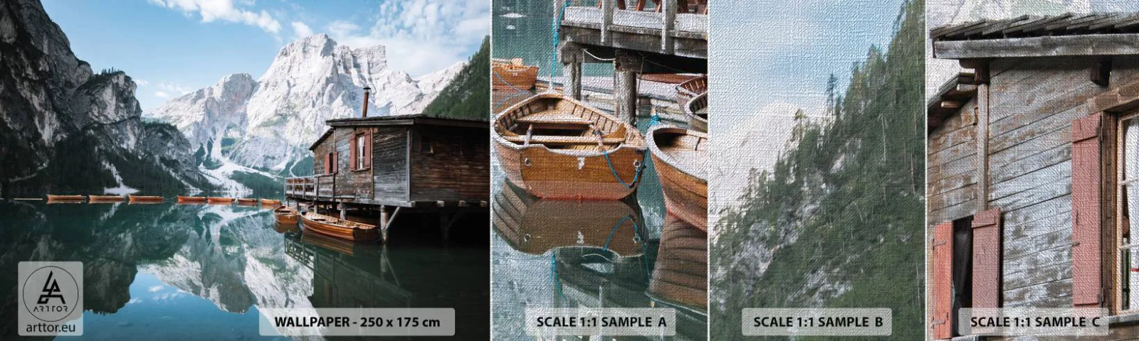 Échantillon de Papier Peint Premium Canvas - Un matin cristallin en montagne - Paysage de montagne, Soleil, Lac - 100x30 cm