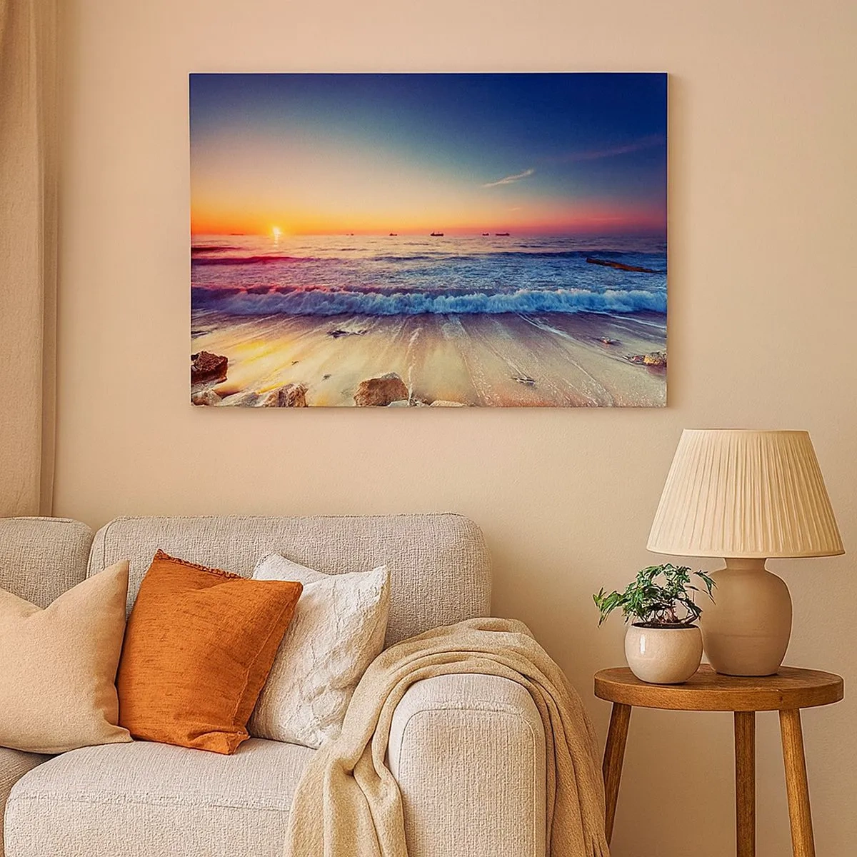 Impression sur toile - Image sur toile - Coucher de soleil sur une mer calme avec des vagues - 70x50cm - Mais quel horizon ? - Décoration murale moderne pour le salon et la chambre ARTTOR