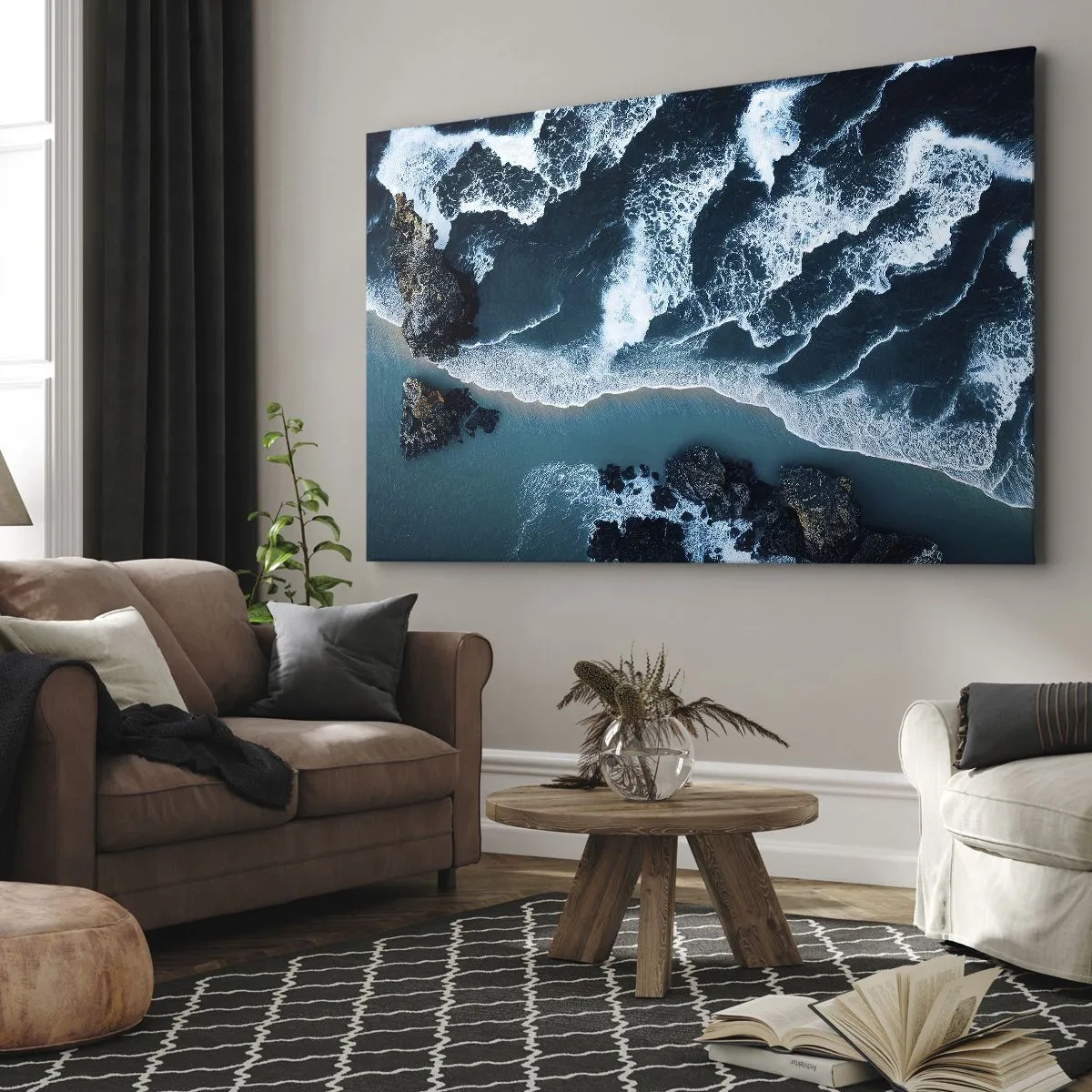 Impression sur toile - Image sur toile - Vue aérienne des vagues s'écrasant sur le rivage - 120x80cm - Enveloppé par les vagues - Décoration murale moderne pour le salon et la chambre ARTTOR